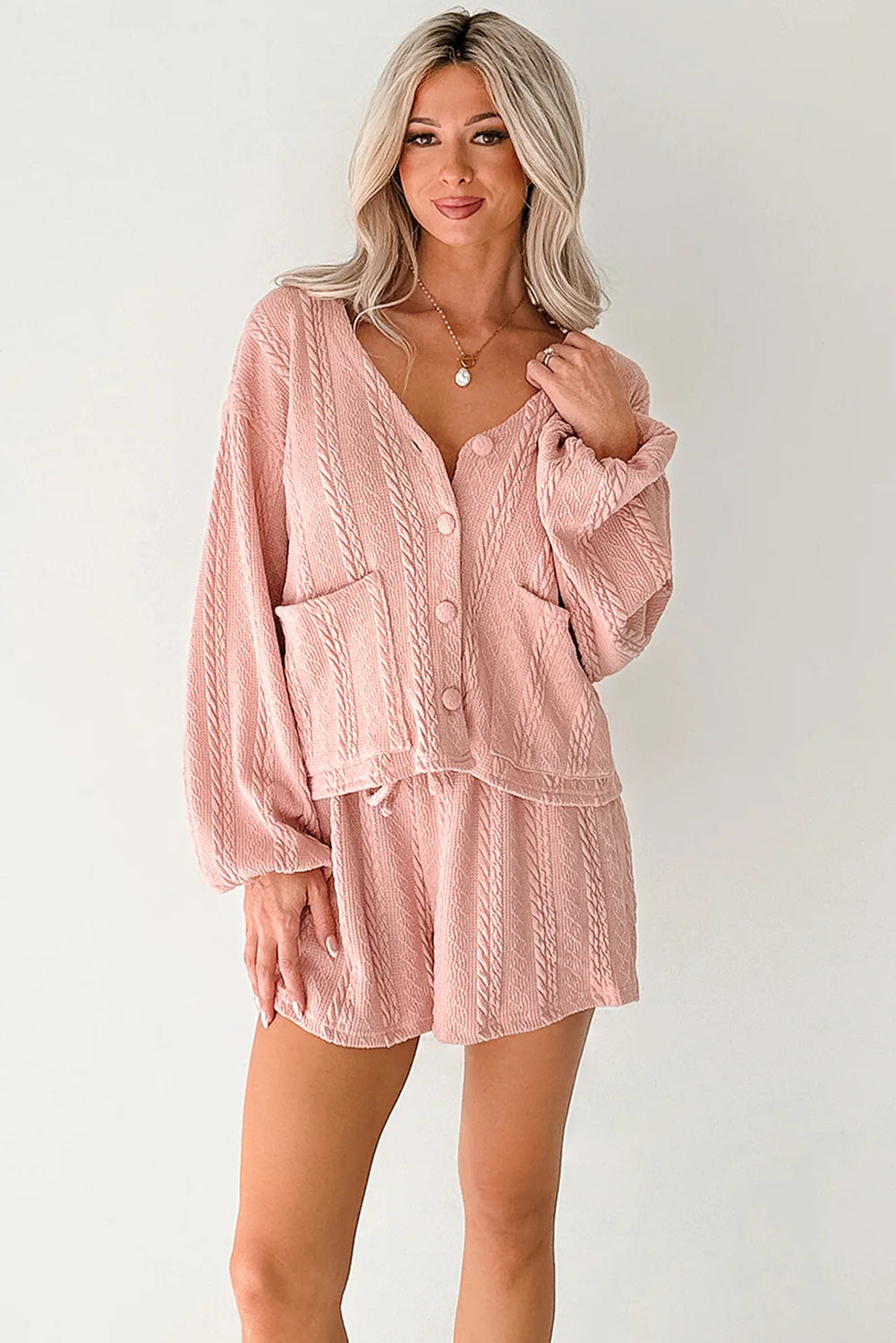 Gossamer Pink Button Cardigan Two Piece Short Set – Cable Knit Lounge Set