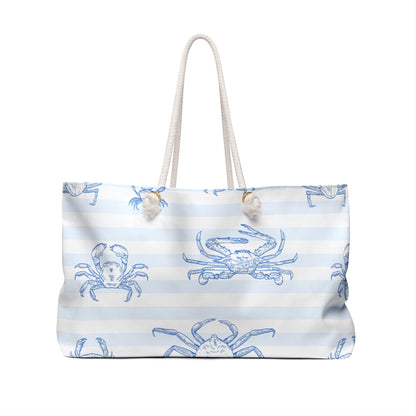 Weekender Bag - Blue Striped with Crabs 'Suns Out, Claws Out'