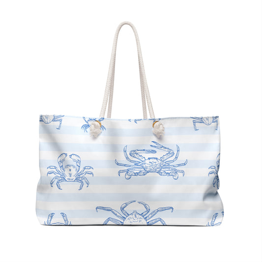 Weekender Bag - Blue Striped with Crabs 'Suns Out, Claws Out'