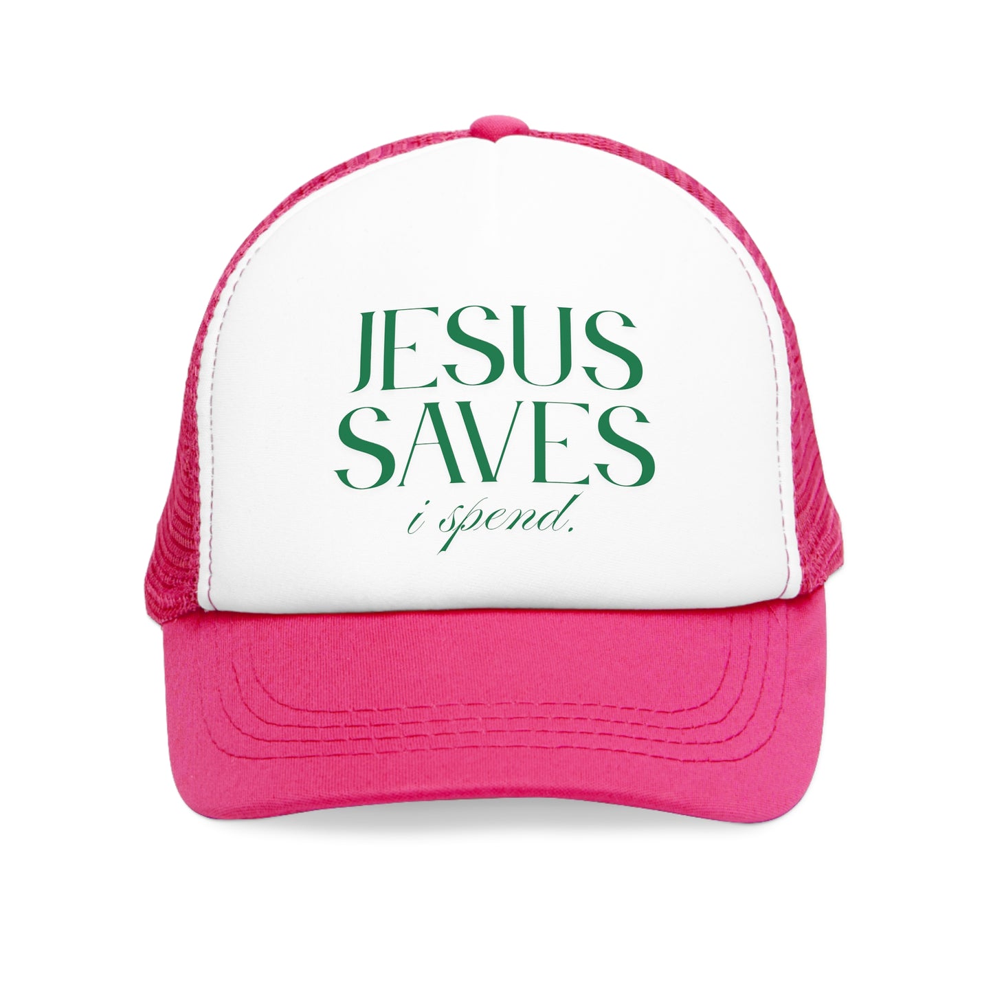 "Jesus Saves, I Spend" Mesh Trucker Hat