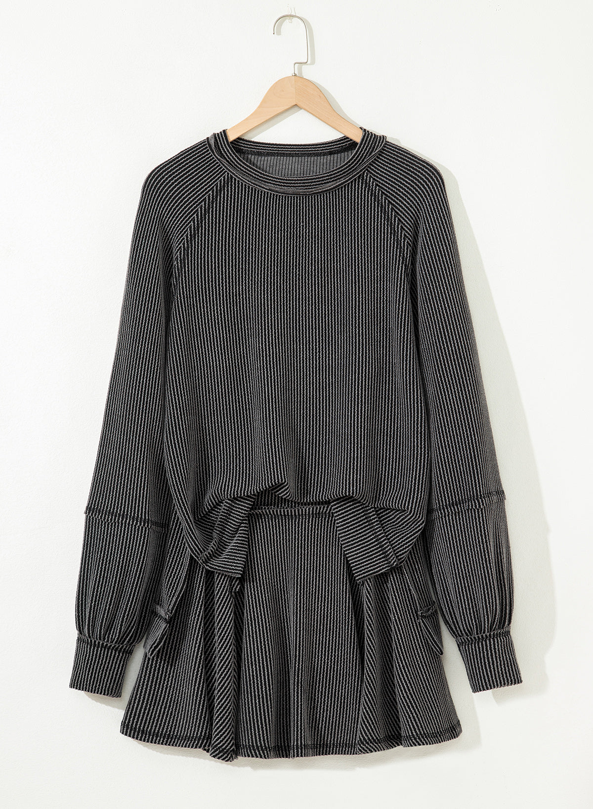 Sky Blue Corded Lantern Sleeve Top & Ruffled Mini Skirt Set