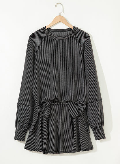 Sky Blue Corded Lantern Sleeve Top & Ruffled Mini Skirt Set