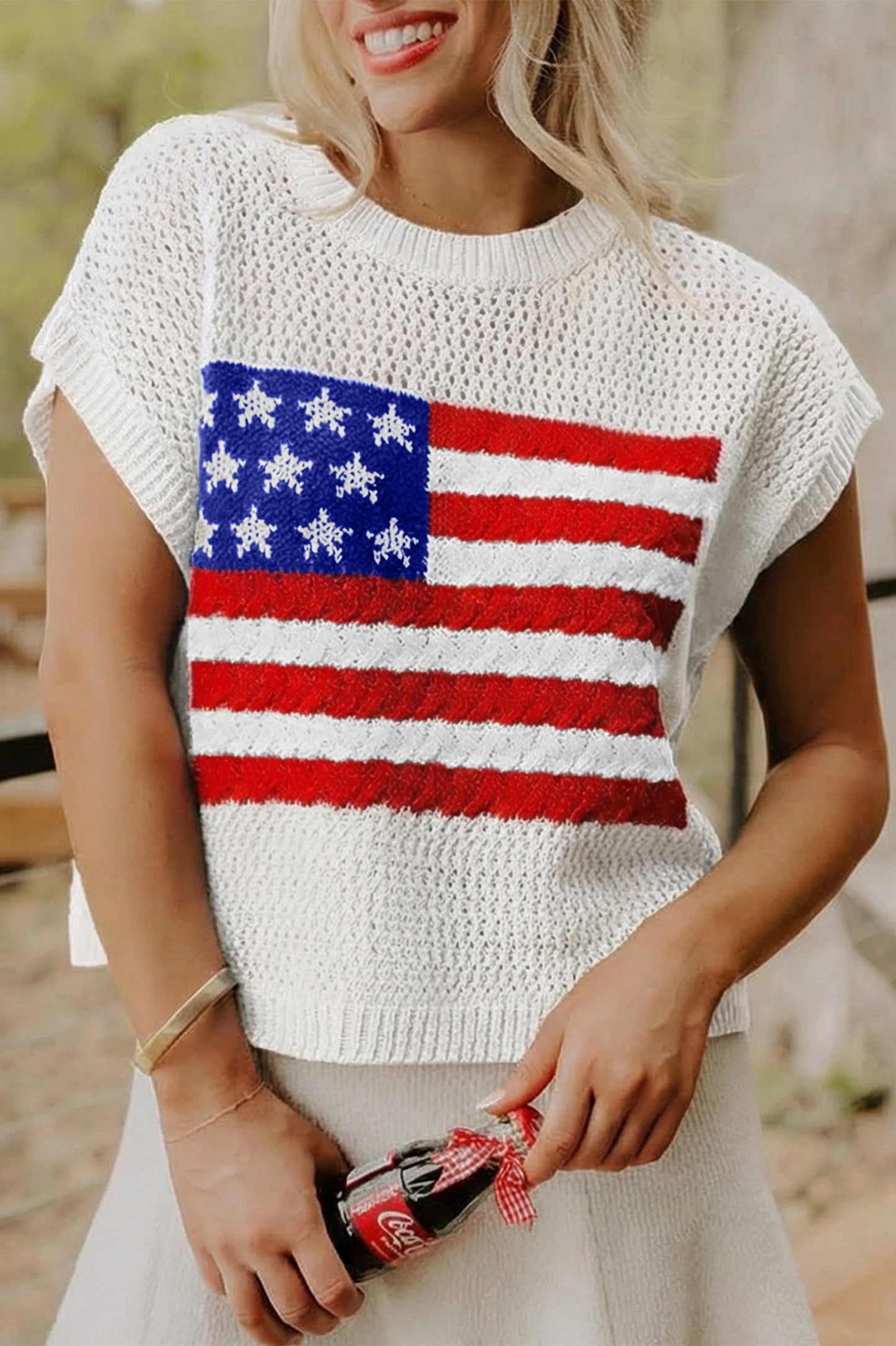 Sky Blue American Flag Knit Top – Short Sleeve Loose Sweater
