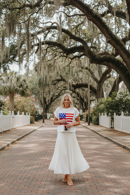 Sky Blue American Flag Knit Top – Short Sleeve Loose Sweater