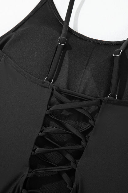 Black Lace Up One Piece Swimsuit – Open Back Strappy Swimwear