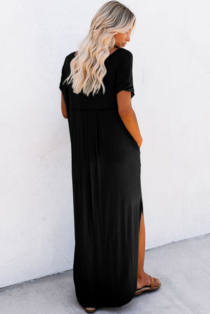 V Neck Maxi T Shirt Dress – Side Split Casual Dress with Pockets