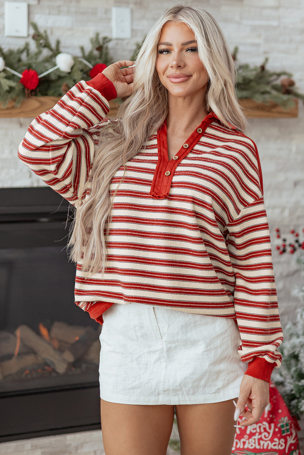 Striped Collared V-Neck Button Top