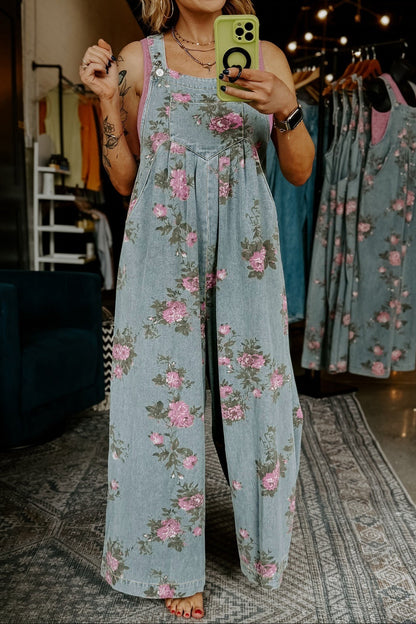 Beau Blue Floral Denim Overalls – Vintage Pleated Jumpsuit
