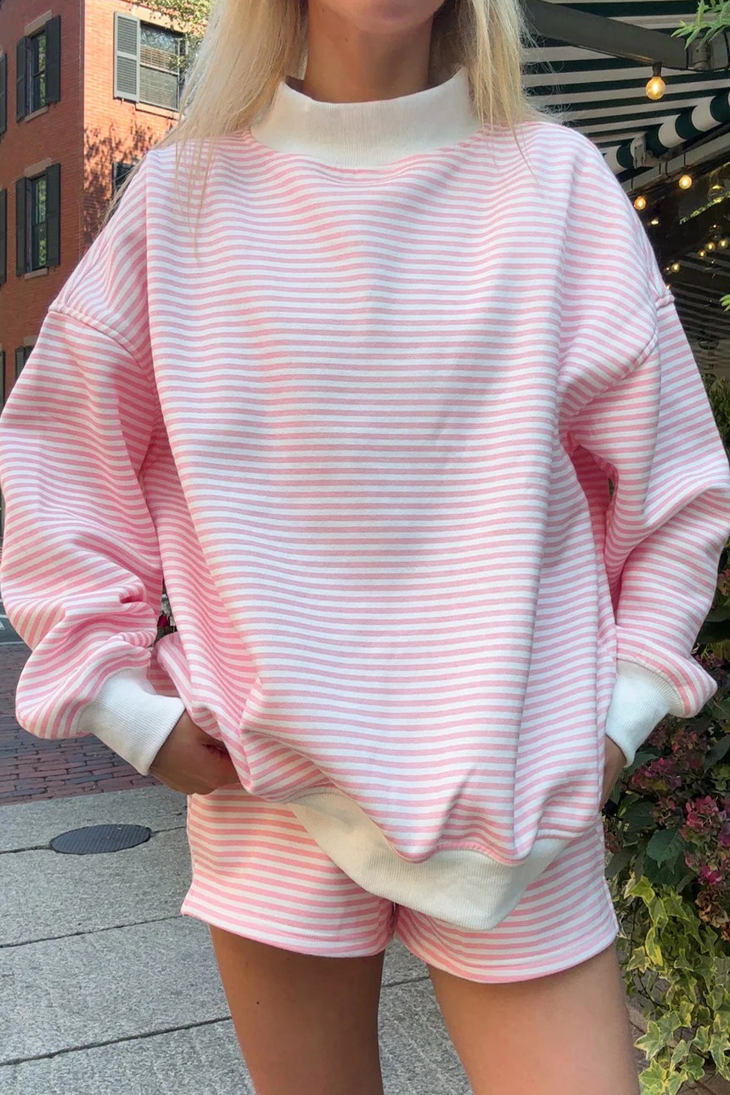 Pink Stripe Colorblock Two Piece Short Set – Oversized Mock Neck Lounge Set