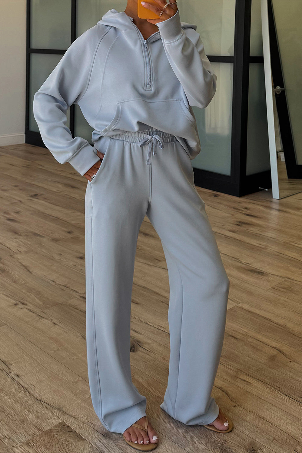 Half Zip Two Piece Pant Set – Hooded Pullover Lounge Outfit