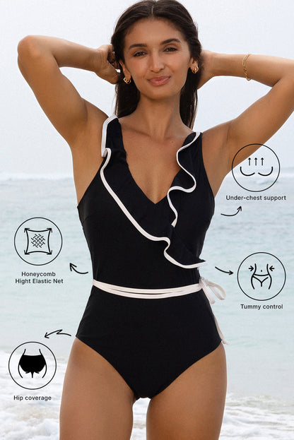 Black & White Ruffle One Piece Swimsuit – V Neck Waist Tie Swimwear