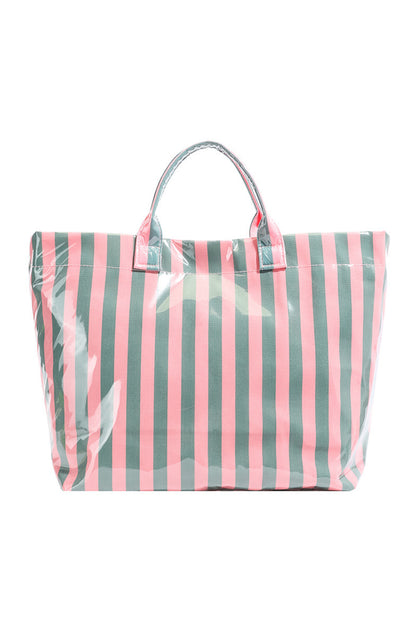 Yellow Cream Striped Waterproof Tote – Oversized Coastal Carryall Bag