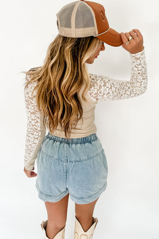 Beige Lace High-Neck Long Sleeve Top