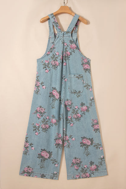 Beau Blue Floral Denim Overalls – Vintage Pleated Jumpsuit