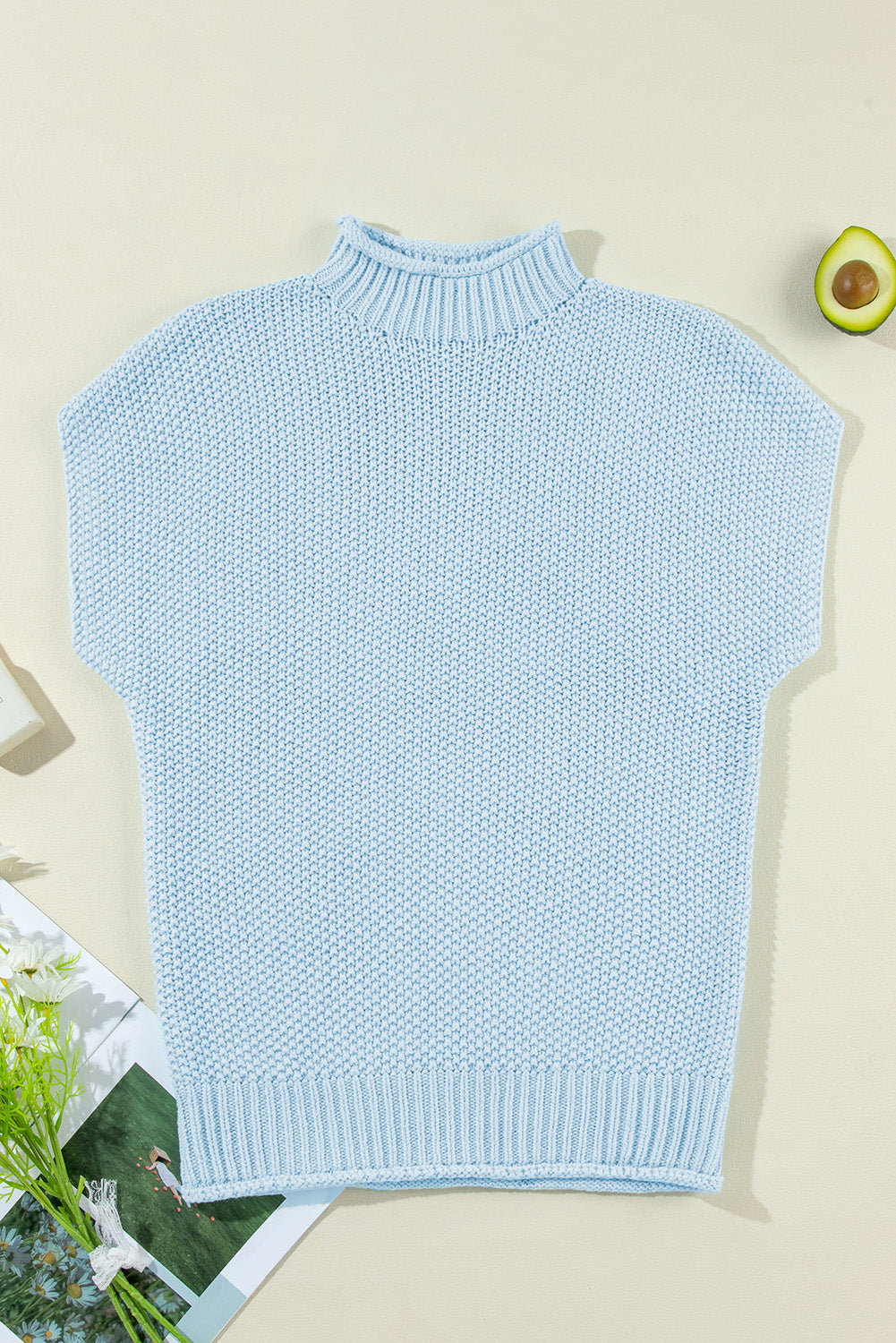 Iceland Blue High Neck Sweater Vest – Textured Batwing Knit Top