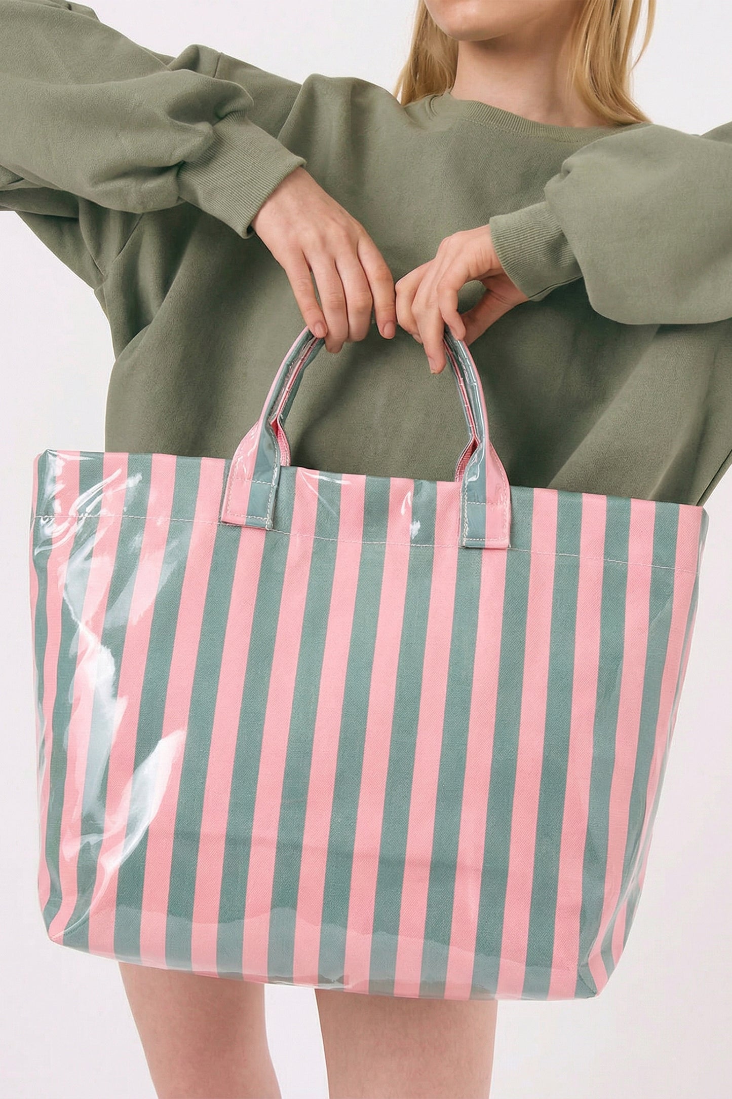 Yellow Cream Striped Waterproof Tote – Oversized Coastal Carryall Bag