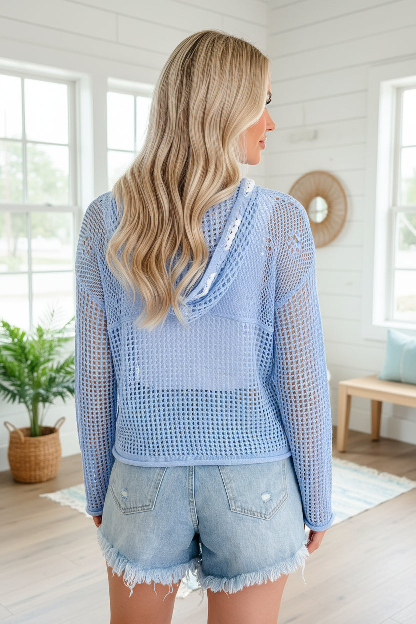 Beau Blue American Flag Hooded Sweater – Open Knit Patriotic Pullover