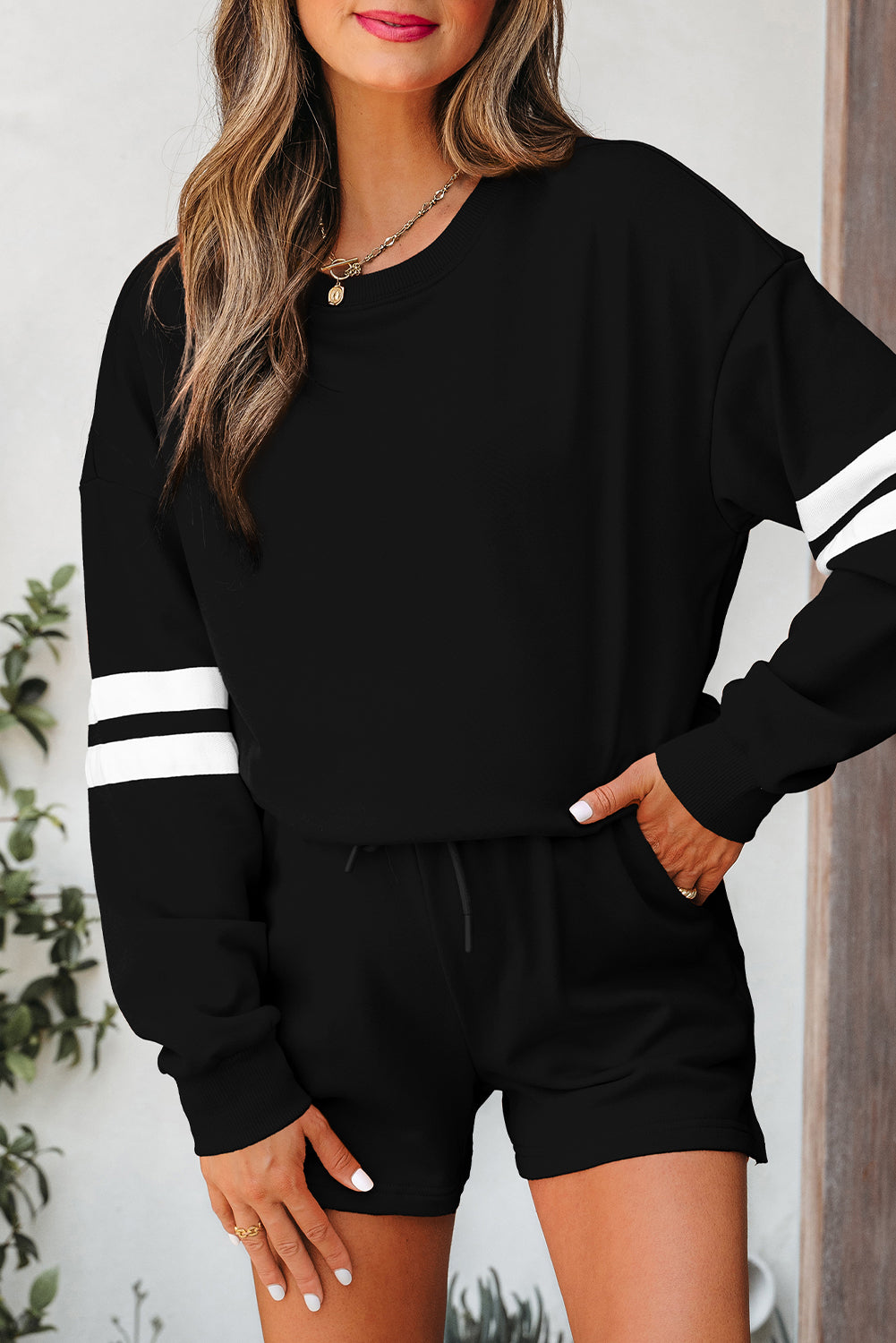 Varsity Two Piece Short Set – Drop Shoulder Pullover Lounge Set