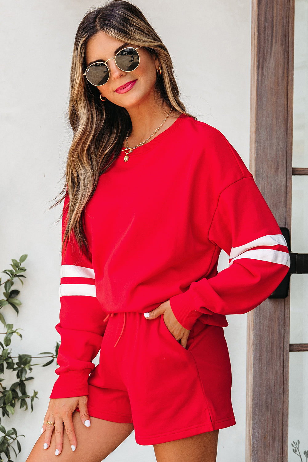 Varsity Two Piece Short Set – Drop Shoulder Pullover Lounge Set