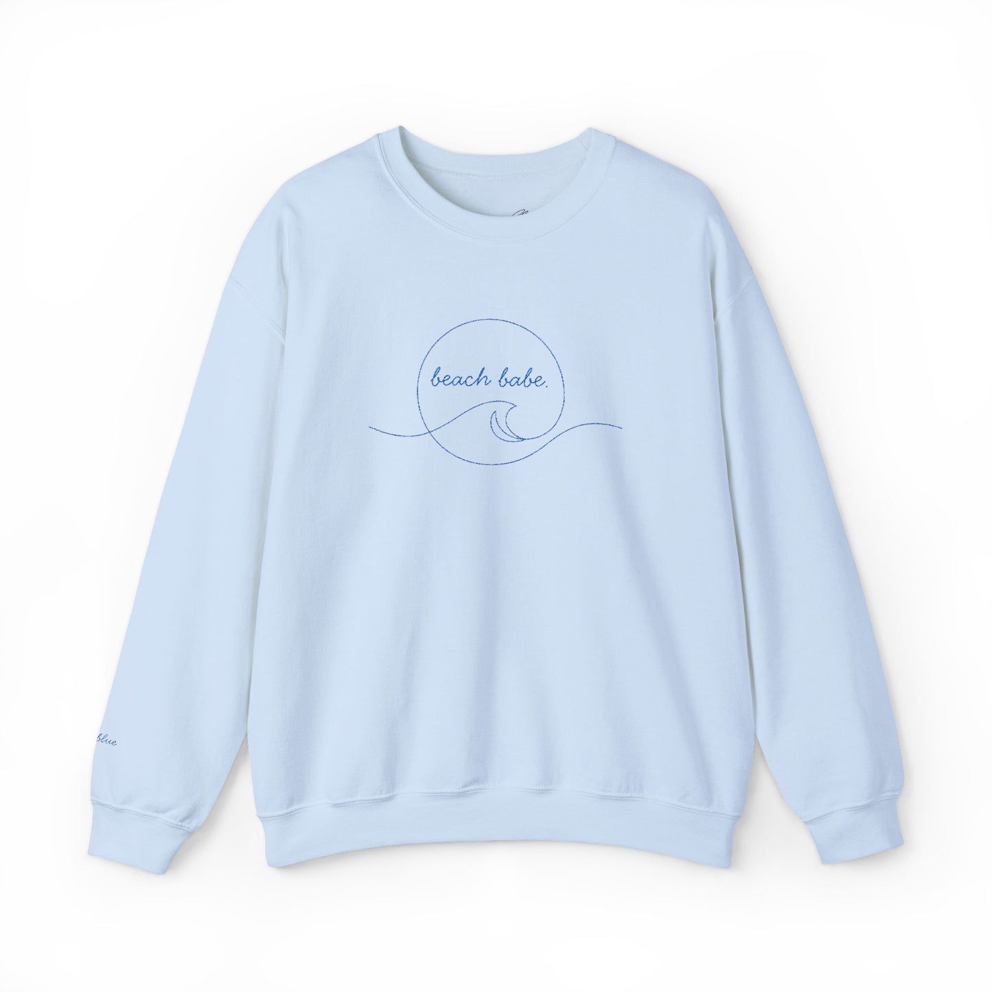 Beach Babe Crewneck – Slate Blue Embroidered Sun & Wave Design