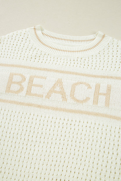 White “BEACH” Letter Cut-Out Sweater