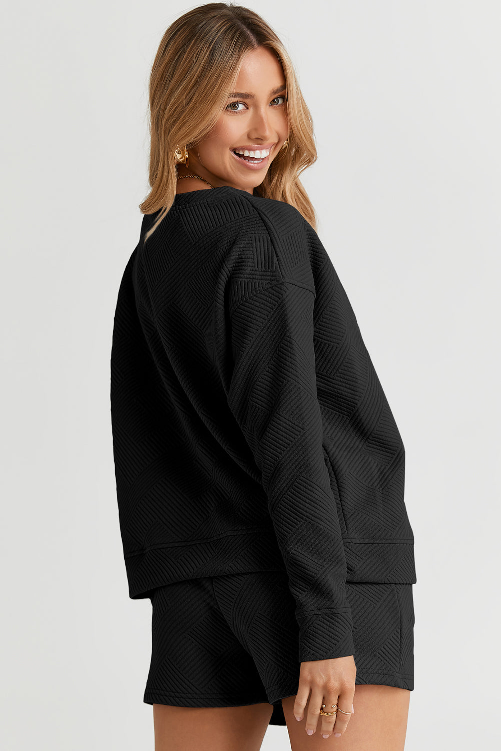 Textured Two Piece Short Set – Long Sleeve Top & Drawstring Shorts