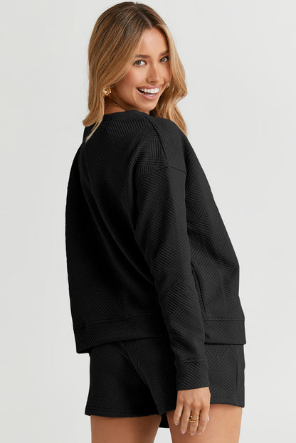 Textured Two Piece Short Set – Long Sleeve Top & Drawstring Shorts