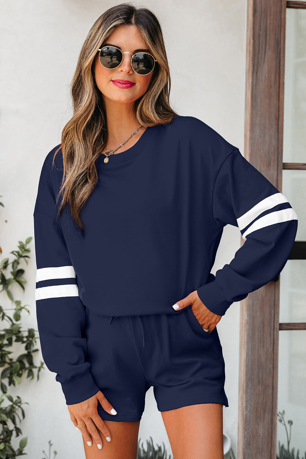 Varsity Two Piece Short Set – Drop Shoulder Pullover Lounge Set