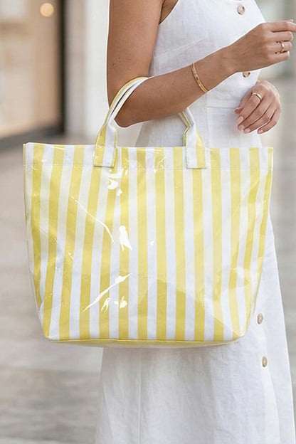 Yellow Cream Striped Waterproof Tote – Oversized Coastal Carryall Bag