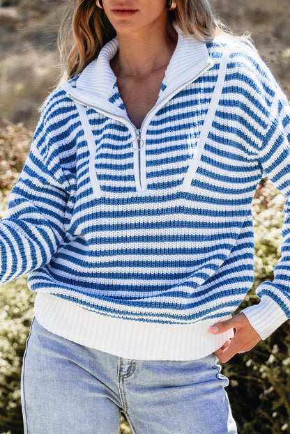 Striped Zip-Up Coastal Sweater – Khaki, Blue, & Black