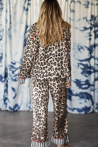 Khaki Leopard Print Colorblock Striped Edge Shirt and Pants Pajama Set