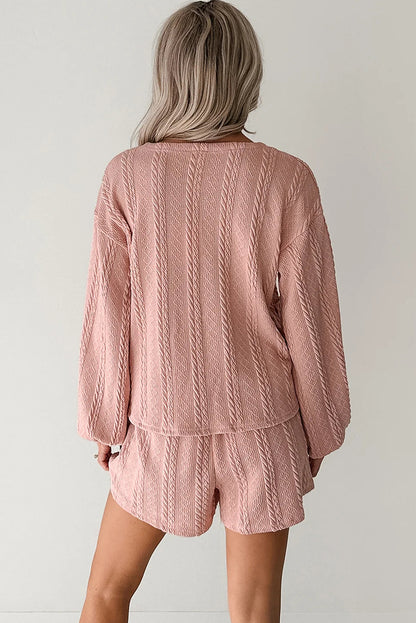Gossamer Pink Button Cardigan Two Piece Short Set – Cable Knit Lounge Set