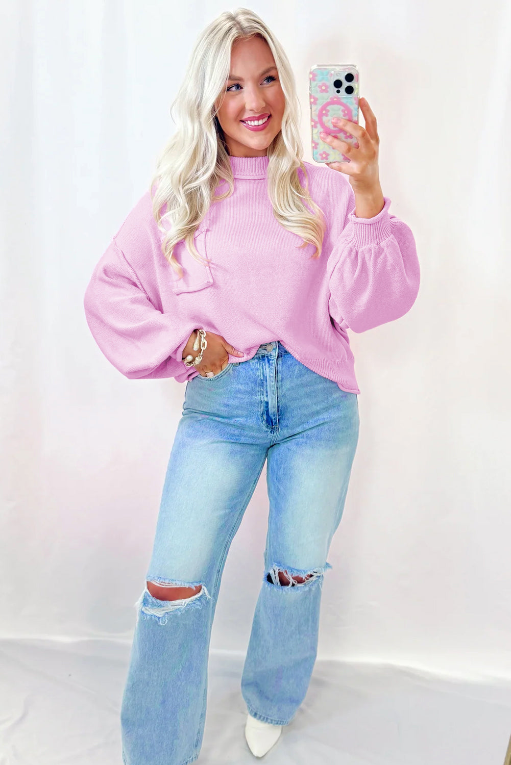 Pink Mock Neck Sweater – Relaxed Fit Balloon Sleeve Knit
