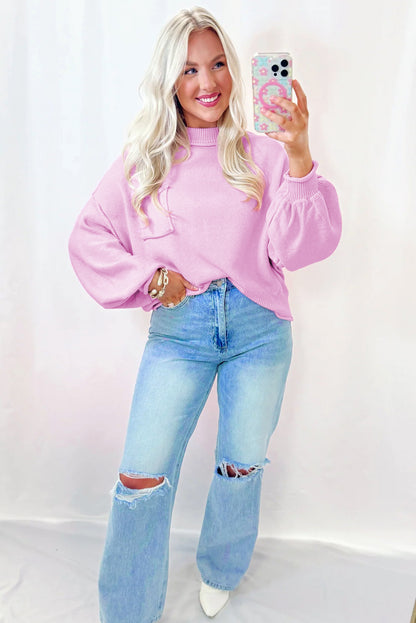 Pink Mock Neck Sweater – Relaxed Fit Balloon Sleeve Knit
