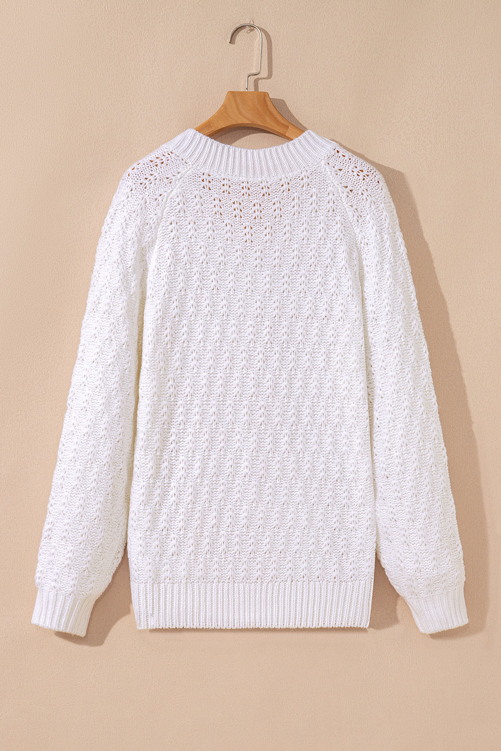 White Textured Knit Ribbed Edge V Neck Loose Sweater