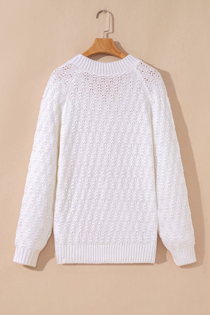 White Textured Knit Ribbed Edge V Neck Loose Sweater