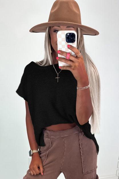 Jet Stream Knit T Shirt – Side Slit Loose Fit Short Sleeve Top
