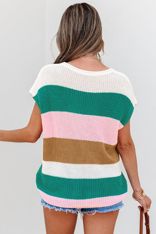 Multicolor Colorblock Knit T Shirt – V Neck Striped Short Sleeve Sweater