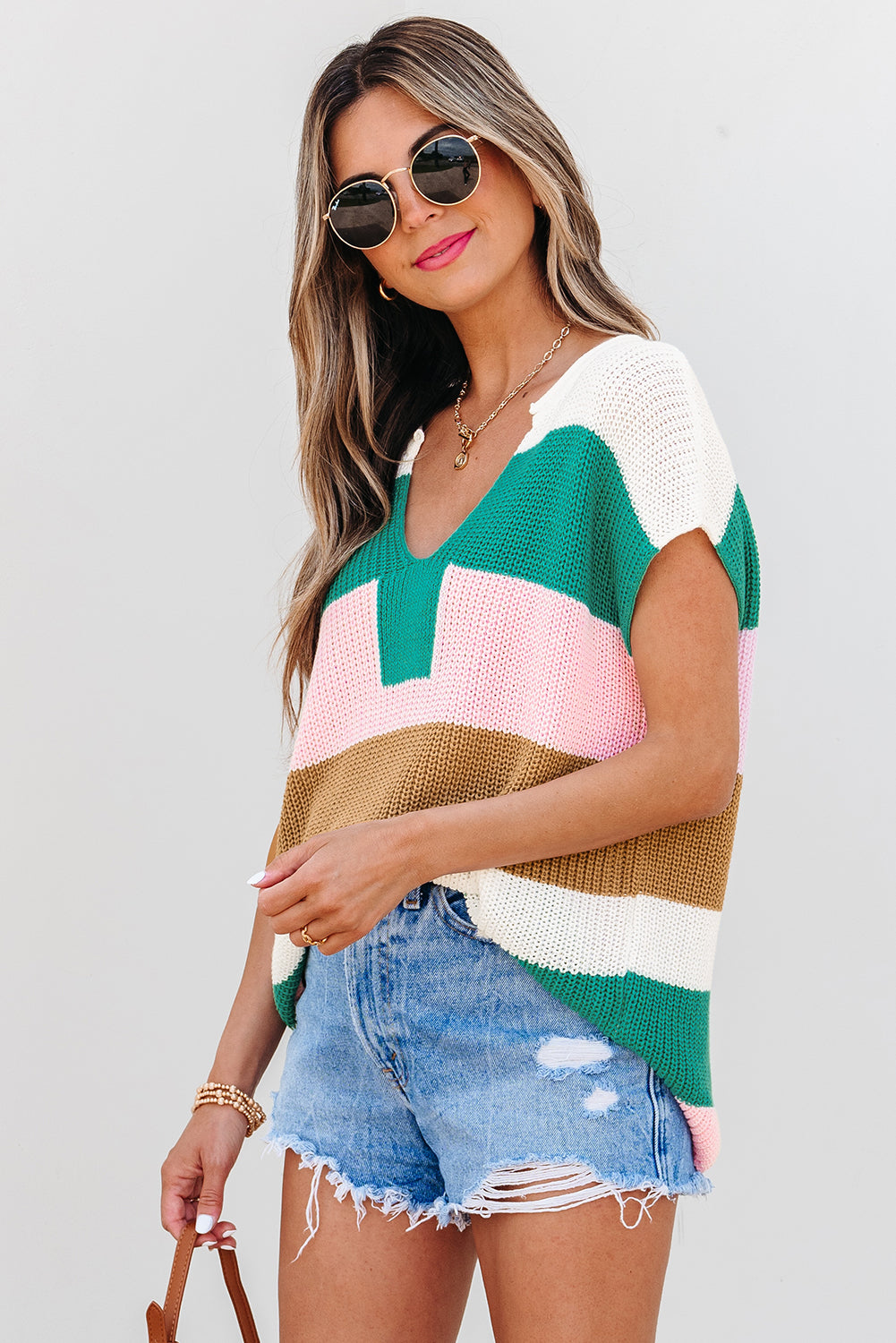 Multicolor Colorblock Knit T Shirt – V Neck Striped Short Sleeve Sweater