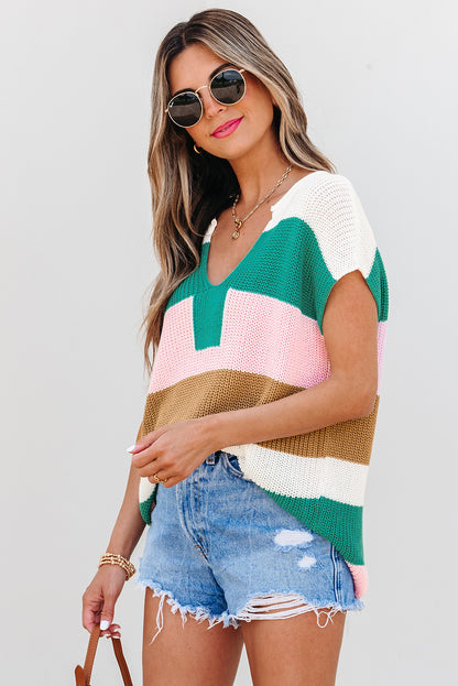 Multicolor Colorblock Knit T Shirt – V Neck Striped Short Sleeve Sweater