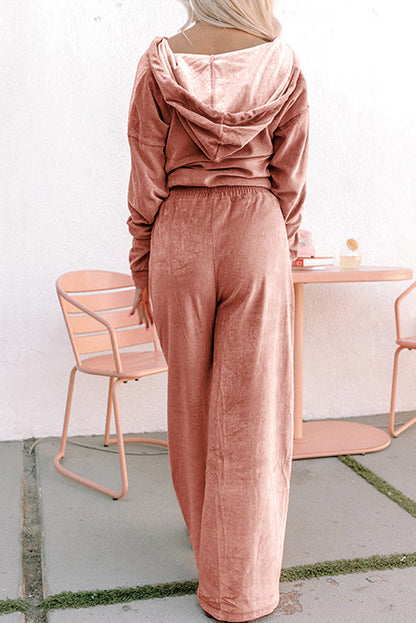 Peach Blossom Velvet Two Piece Pant Set – Zip Hoodie Wide Leg Lounge Set