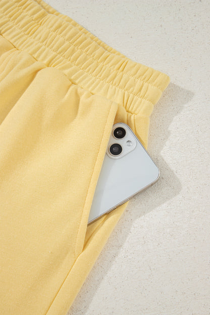 Yellow Cream Button Collar Drop Shoulder Pullover and Shorts 2pcs Outfit