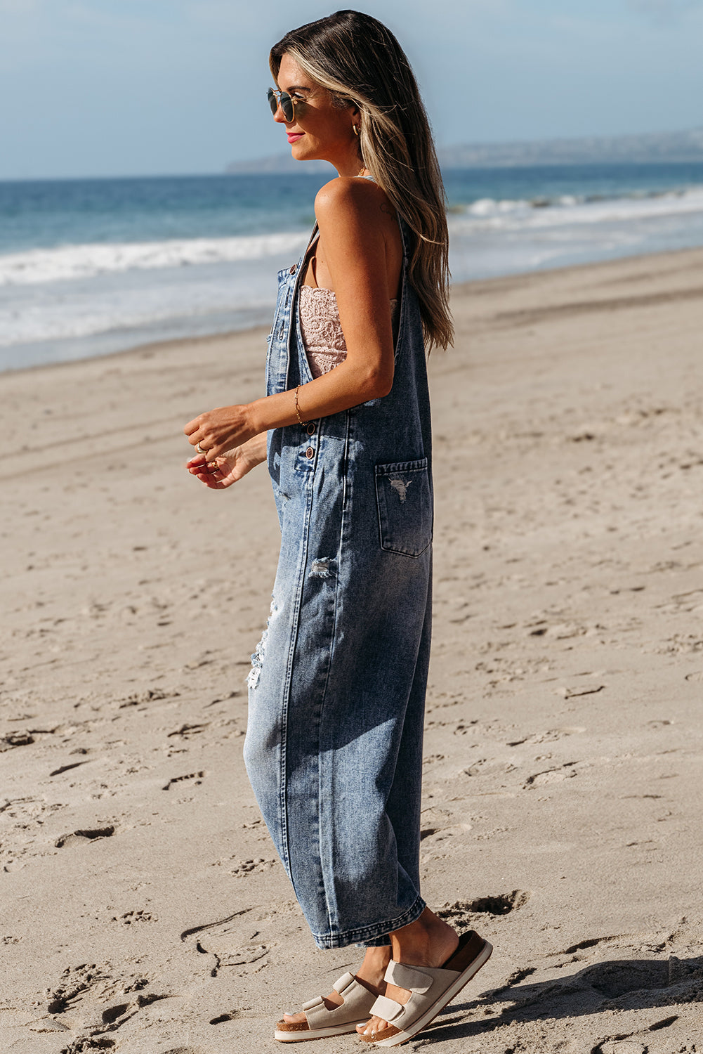 Stone Blue Wide Leg Denim Jumpsuit – Button Bib Pocket Overalls