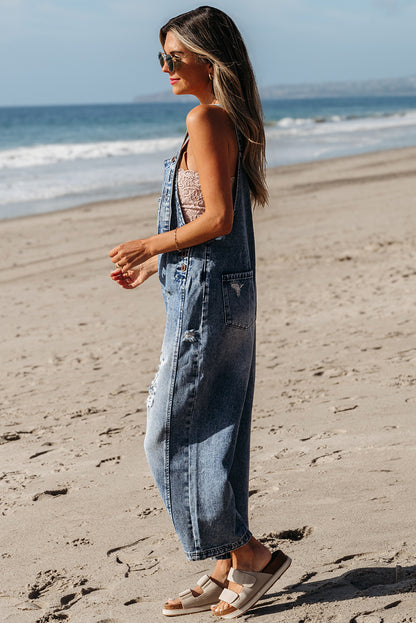 Stone Blue Wide Leg Denim Jumpsuit – Button Bib Pocket Overalls
