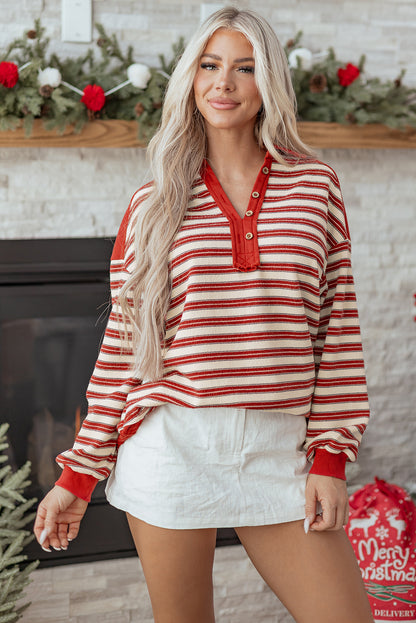 Striped Collared V-Neck Button Top