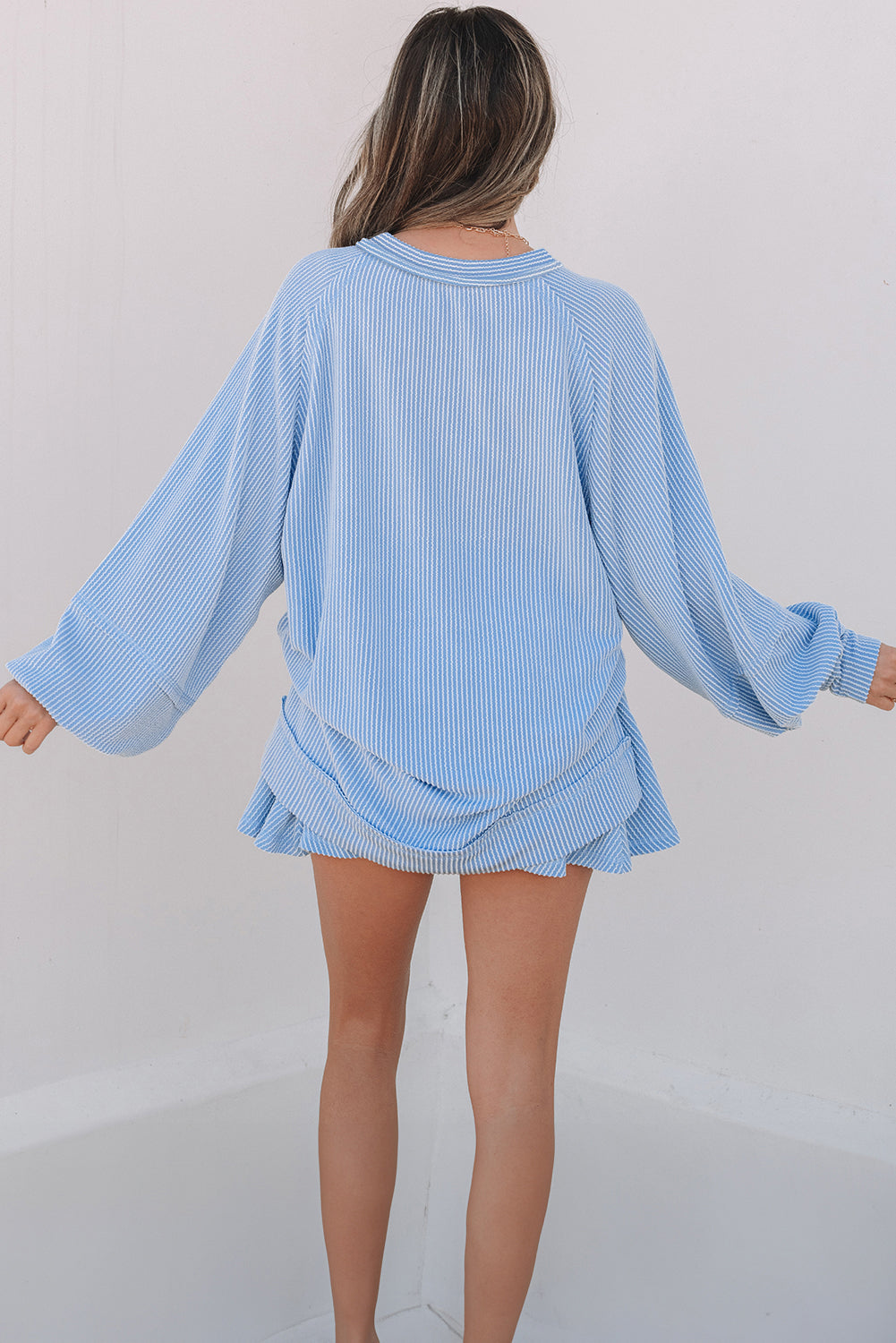 Sky Blue Corded Lantern Sleeve Top & Ruffled Mini Skirt Set