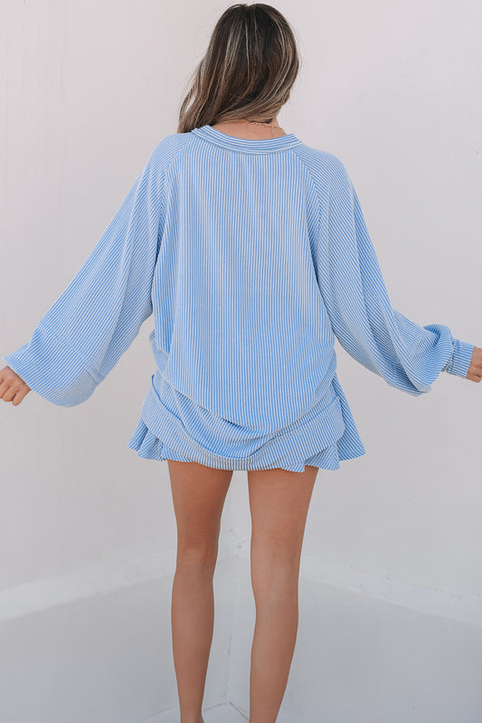 Sky Blue Corded Lantern Sleeve Top & Ruffled Mini Skirt Set