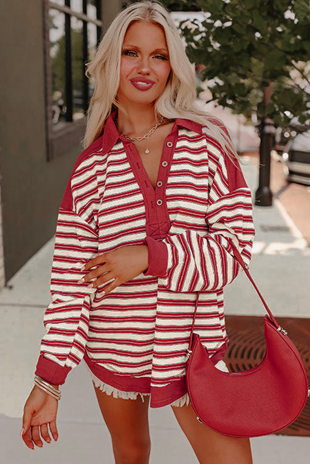 Striped Collared V-Neck Button Top