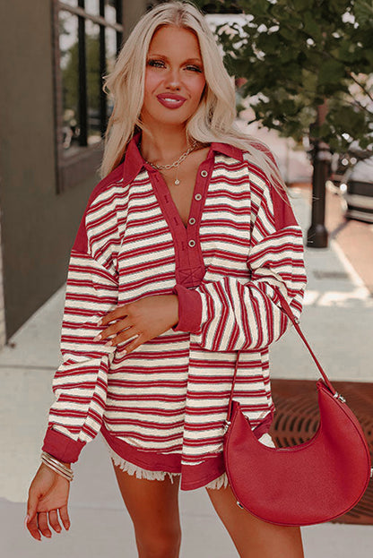 Striped Collared V-Neck Button Top