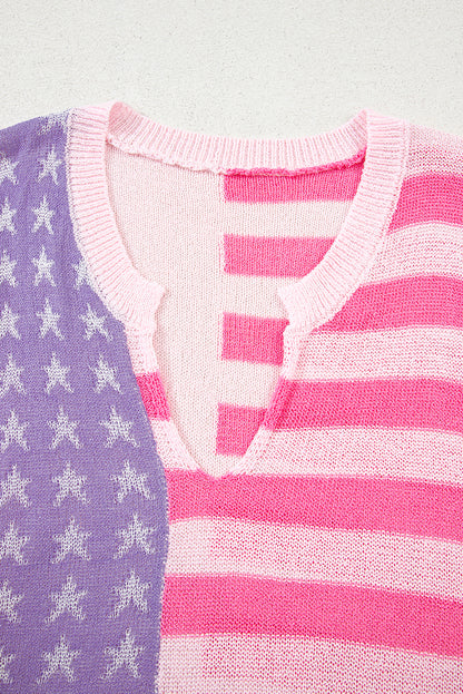 Pink Stripe Flag Knit Tank – V Neck Sleeveless Relaxed Top